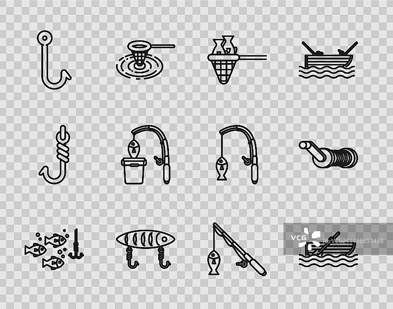 水下钓鱼线、鱼钩与鱼、船图片素材