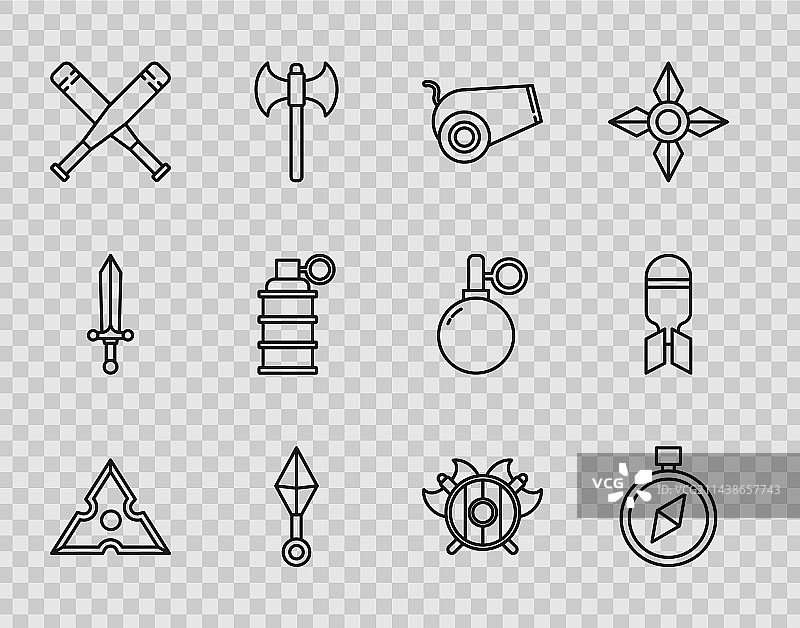 日本忍者飞镖罗盘大炮线条组合图片素材