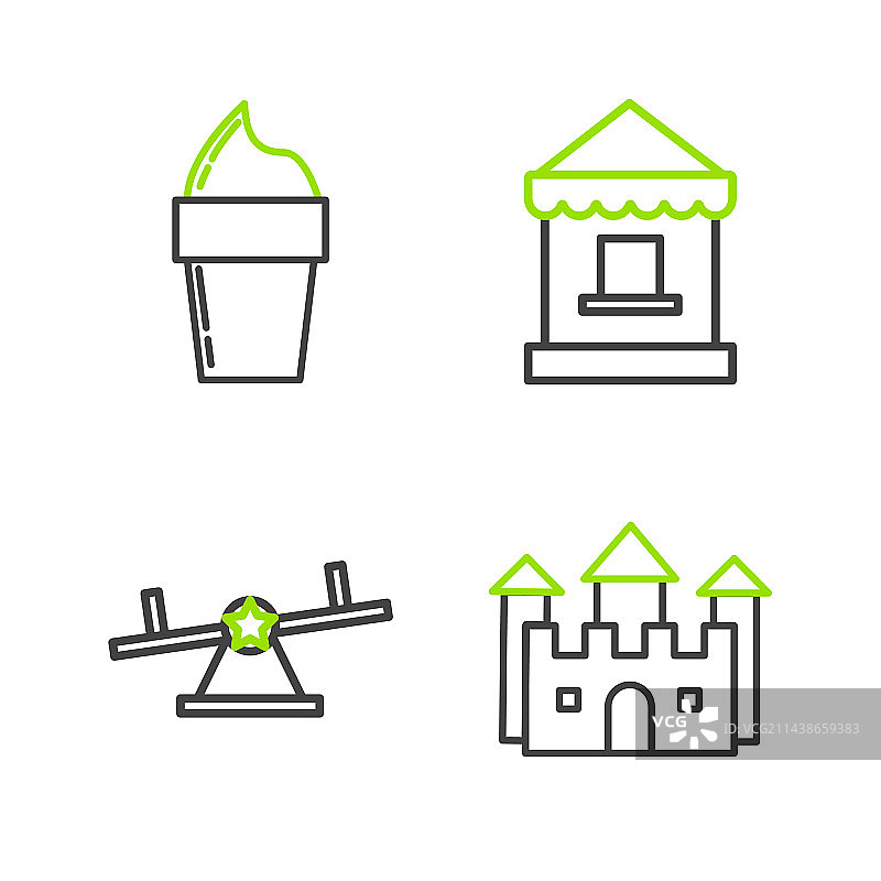 城堡、跷跷板、售票处与冰淇淋线条设计图片素材