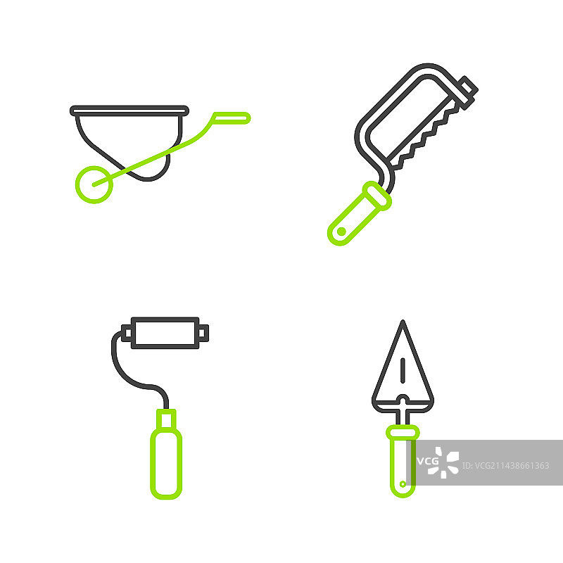 泥刀油漆滚筒刷手锯等工具组合图片素材