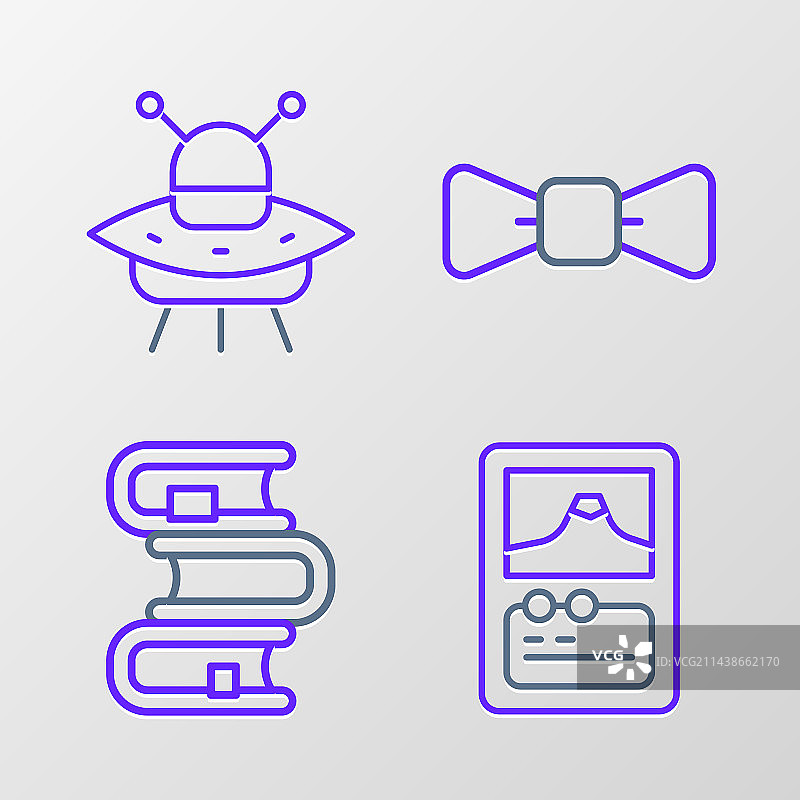 纸牌游戏书领结和不明飞行物线条图标图片素材