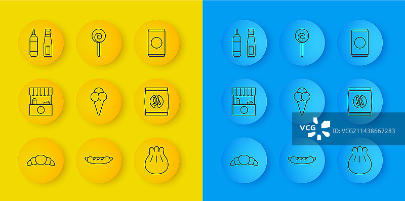 带遮阳篷的街边摊位冰淇淋牛角包线条组合图片素材