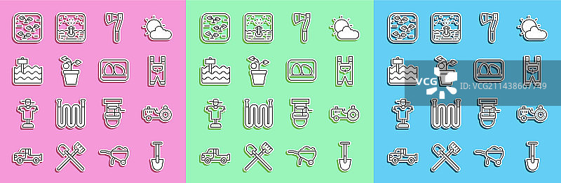 铲子、拖拉机和园艺工人服装线条图片素材