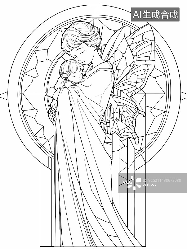 【AI数字艺术】欧版抱娃的母亲黑白线稿图片素材