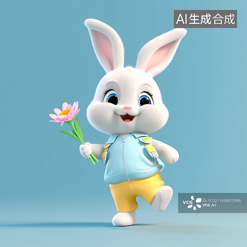 【AI数字艺术】可爱的兔子拿着鲜花，中秋节玉兔，农历新年。图片素材