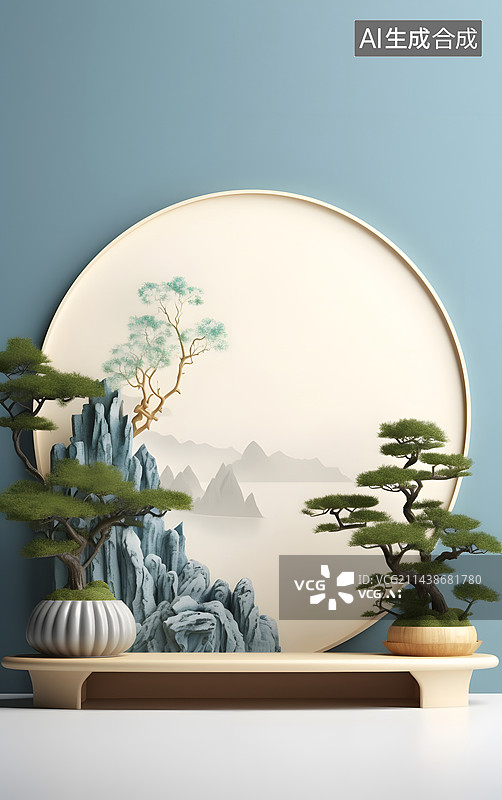 【AI数字艺术】3D中国风产品展示台创意图，3D渲染现代简约中国风电商展台图片素材