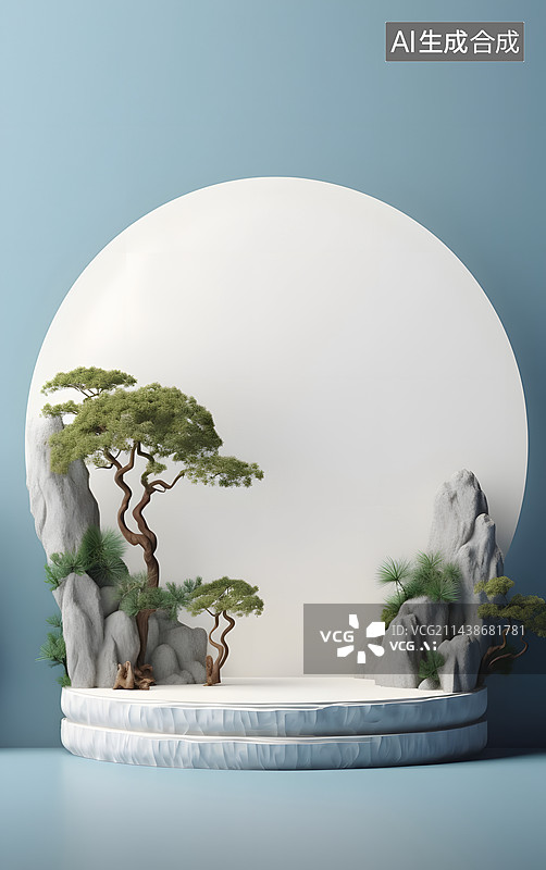 【AI数字艺术】3D中国风产品展示台创意图，3D渲染现代简约中国风电商展台图片素材