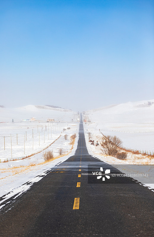 乌兰布统冬季草原白雪公路风景图片素材