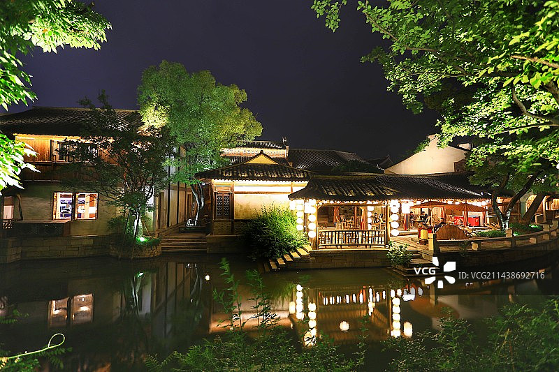 浙江嘉兴桐乡濮院古镇夜景图片素材