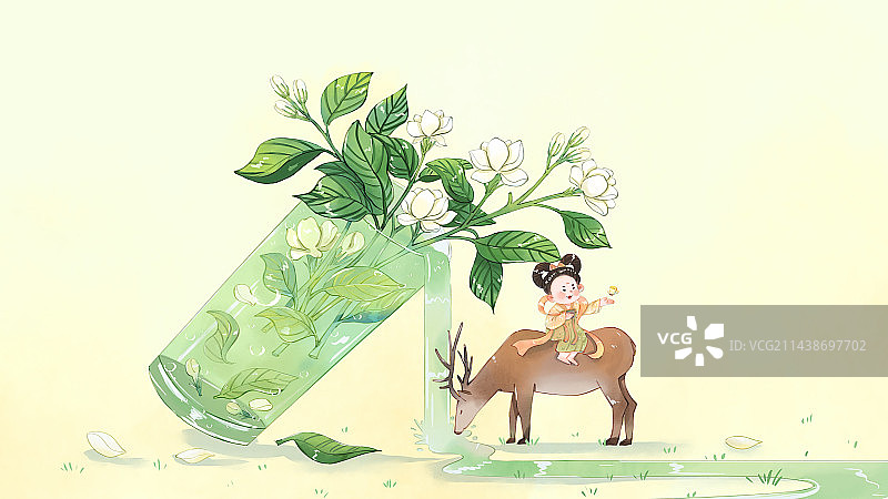 茉莉花茶古风插画治愈系图片素材