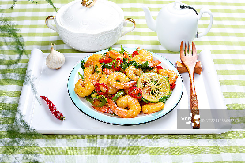 开胃爽口特色小吃美食柠檬腌虾仁图片素材