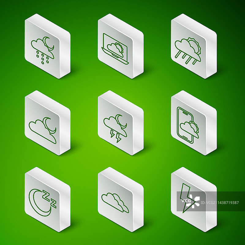 一组闪电、带雨的云朵、月亮线条icon图片素材