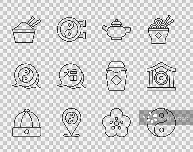 中式帽子、阴阳符号和茶线条图片素材