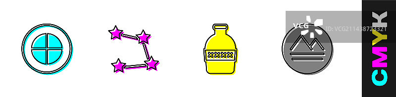 地球仪、星座和瓶子组合图片素材