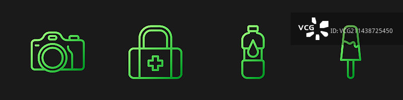 照相机急救箱矿泉水瓶线条组合图片素材