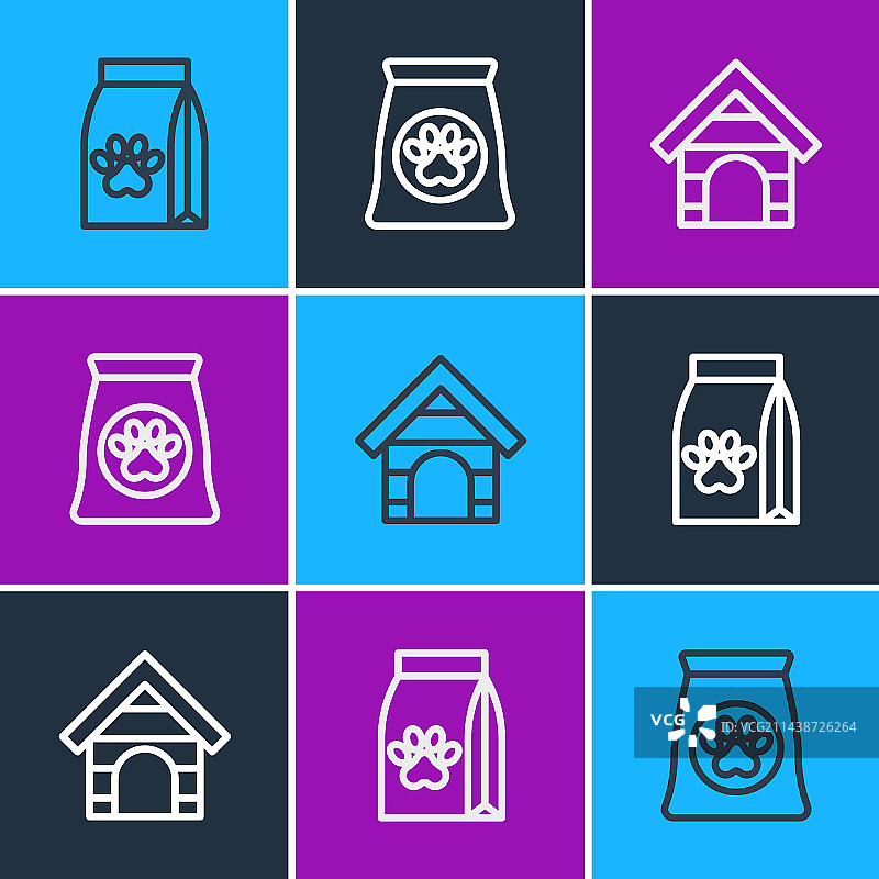 宠物狗粮袋、宠物屋线条图标图片素材