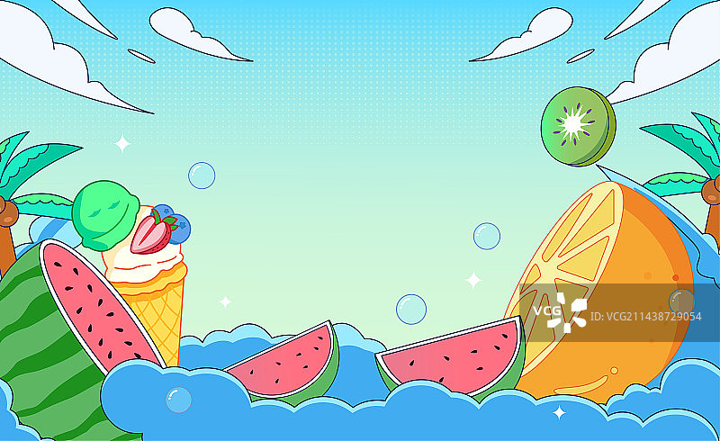 卡通夏季夏天旅行海边冲浪水果美食购物节电商促销矢量插画图片素材