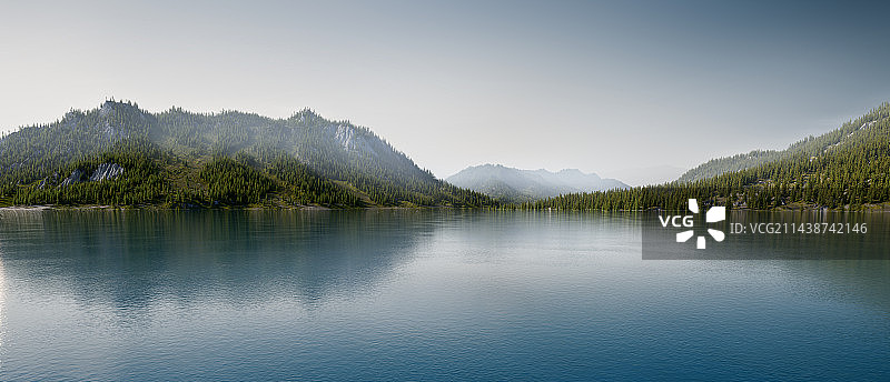 绿色山脉湖泊树林自然风景渲染背景图片素材