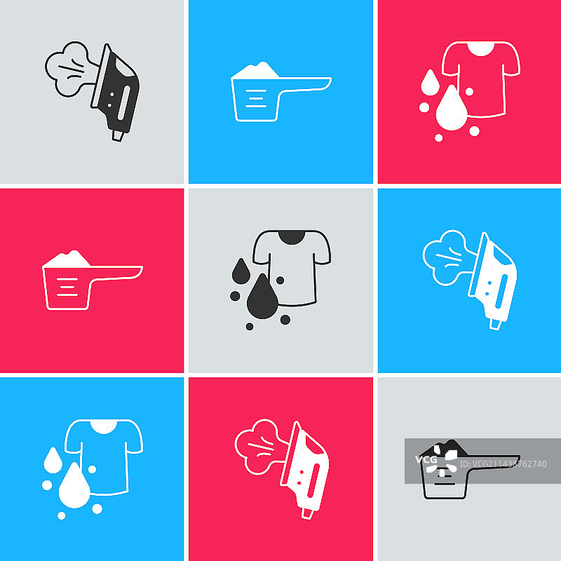 电熨斗、洗衣粉和脏T恤套装图片素材