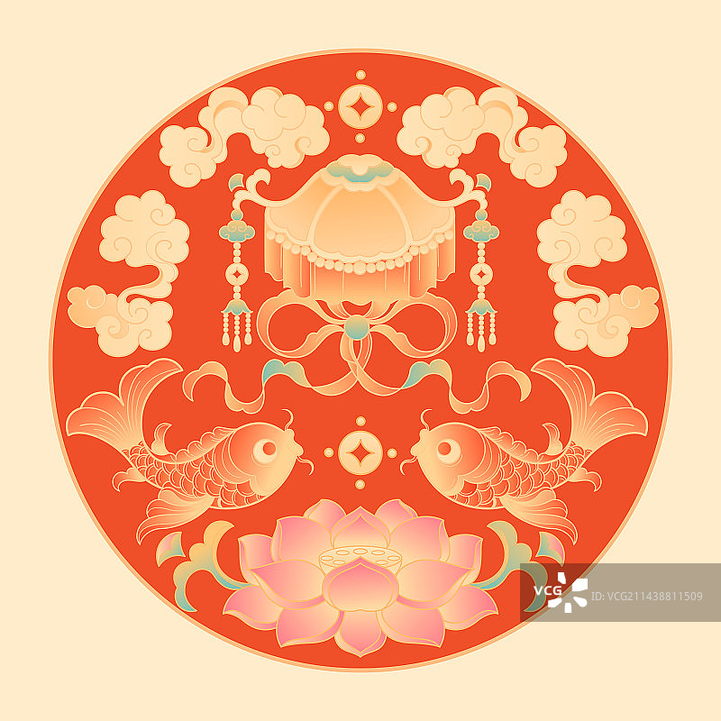 鲤鱼宝盖祥云莲花铜钱中国纹样国潮插画图片素材