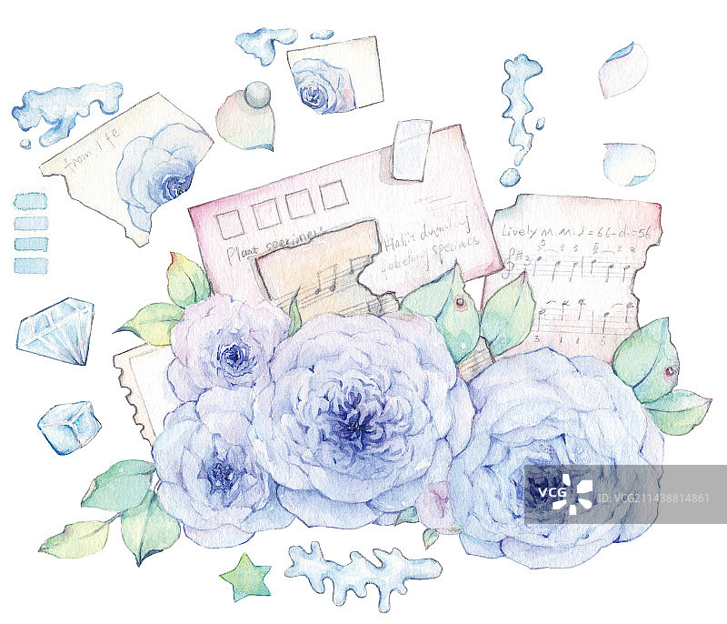 水彩手绘自然笔记书信与鲜花图片素材