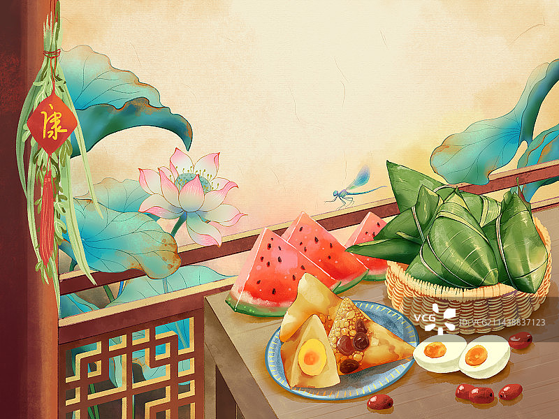 手绘水彩中国风古典传统节日端午节海报插画，挂艾草，粽享安康。图片素材