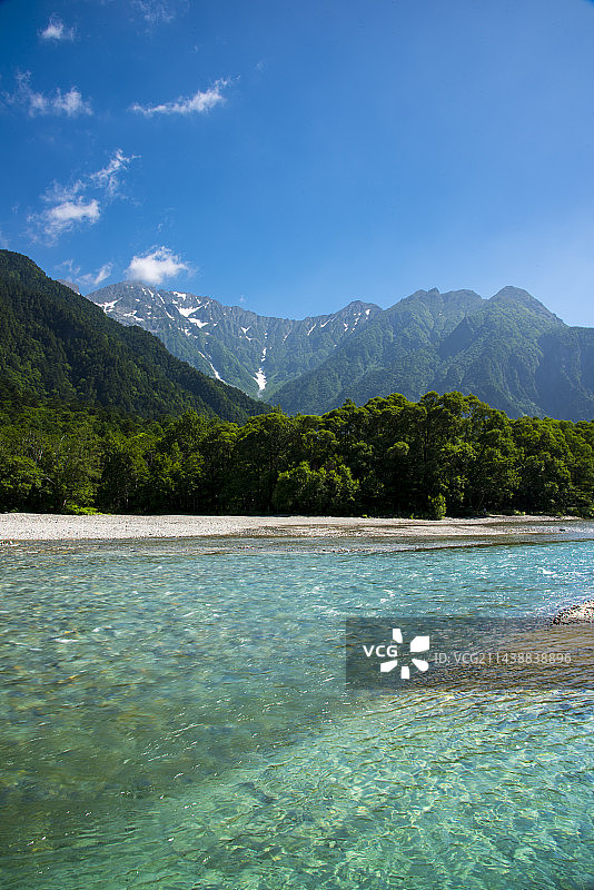 日本长野县松本市上高地梓川与穗高山脉图片素材