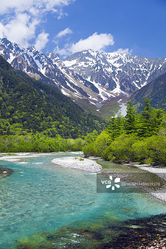 日本长野县上高地梓川和穗高山脉图片素材