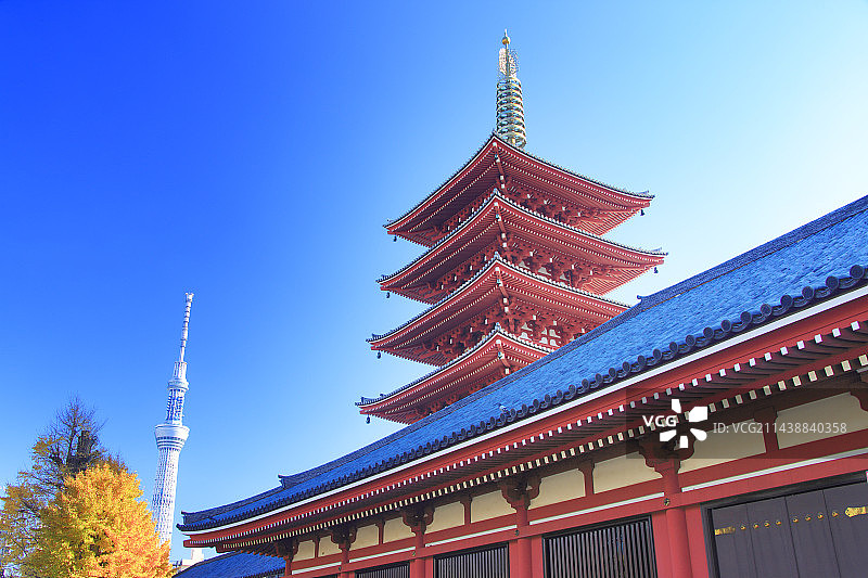 东京晴空塔与浅草寺五重塔，台东区，东京图片素材