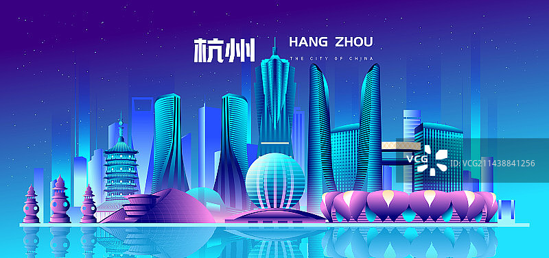 杭州城市地标建筑炫彩渐变矢量插画海报图片素材