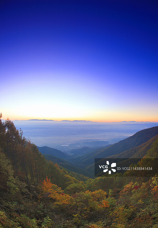 秋季八岳山与富士山及森林的清晨云海，日本长野县安昙野市图片素材