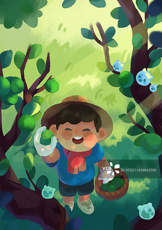 卡通夏季节气芒种摘青梅插画图片素材