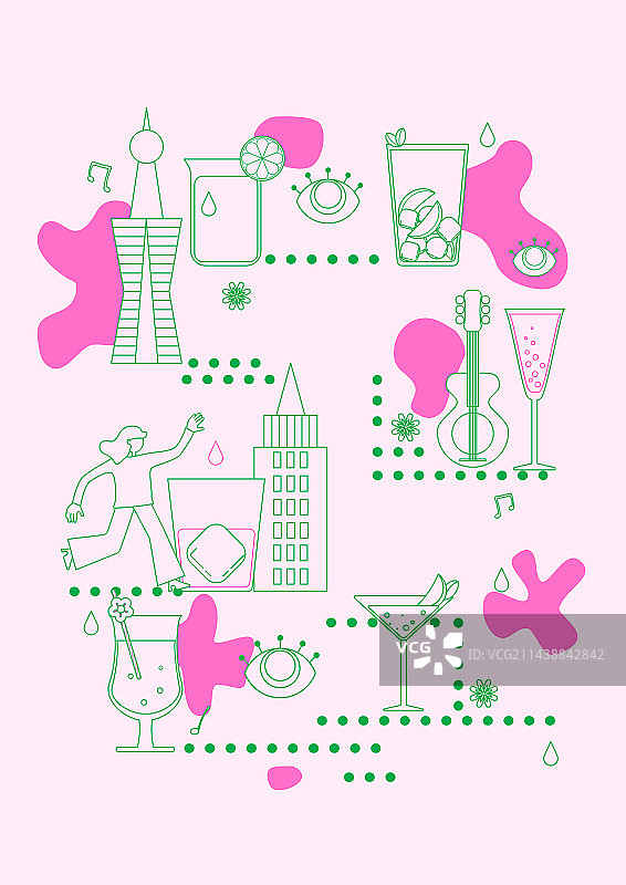鸡尾酒与城市组合矢量插画，粉绿配色有清新自然给人感觉图片素材