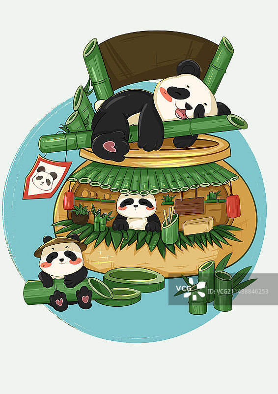 手绘治愈熊猫小屋插画图片素材