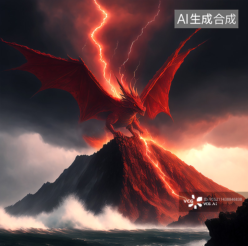 【AI数字艺术】红色恐龙在火山口雷电交加图片素材
