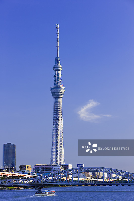 东京晴空塔、白须桥、隅田川和游船，南千住，荒川区，东京，日本图片素材