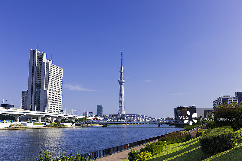 东京晴空塔、白须桥与河川地，南千住图片素材