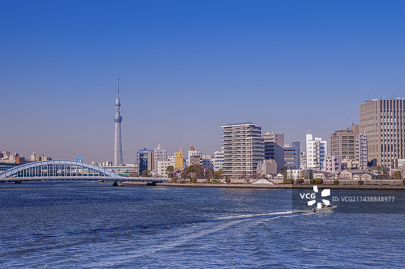 日本东京隅田川建筑群和东京晴空塔图片素材