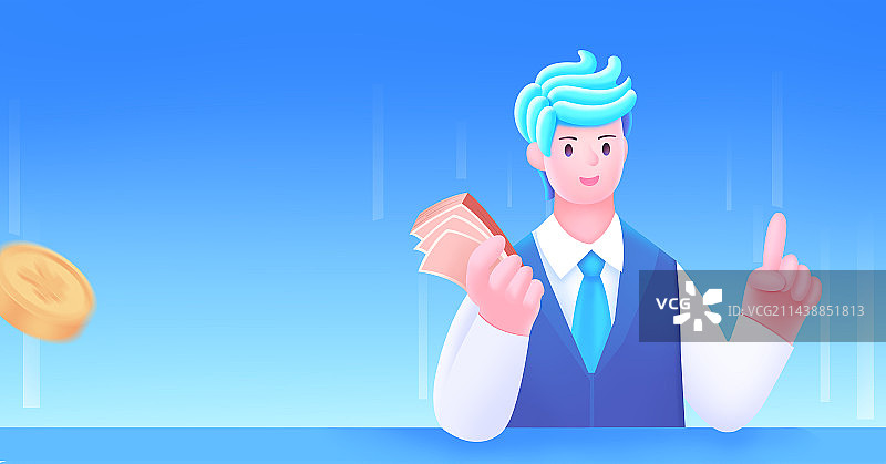 一名成功男士拿着钱仿三维可爱插画，金融理财消费营销插画图片素材