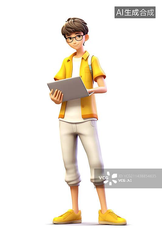 【AI数字艺术】3D学生在用笔记本电脑，考试复习人物图片素材