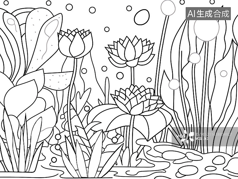 【AI数字艺术】夏天荷花黑白线稿图片素材