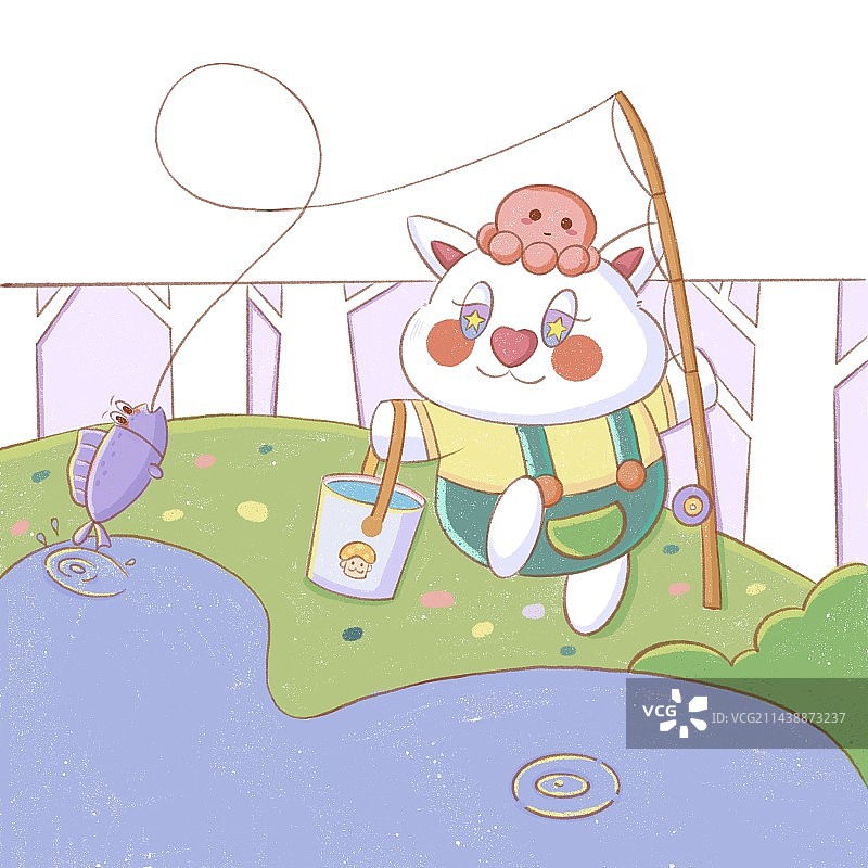 儿童动物插画-小猫钓鱼图片素材