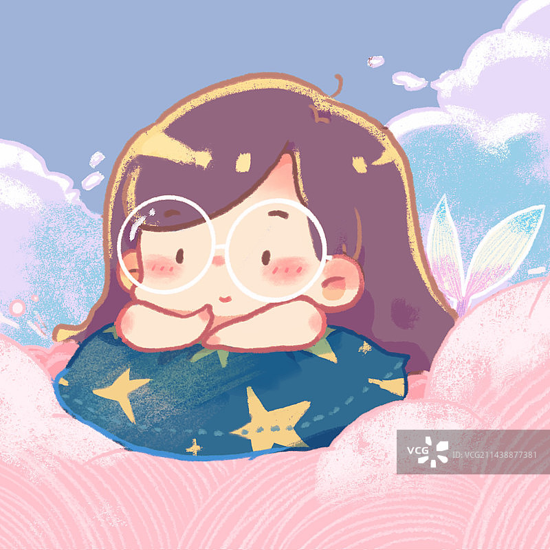 可爱眼镜女孩趴在云朵上图片素材
