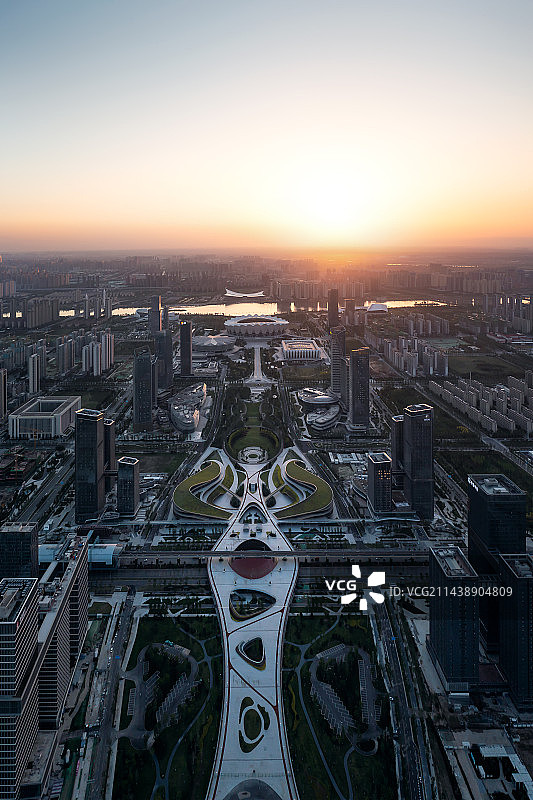 西安市奥体中心日落航拍图片素材