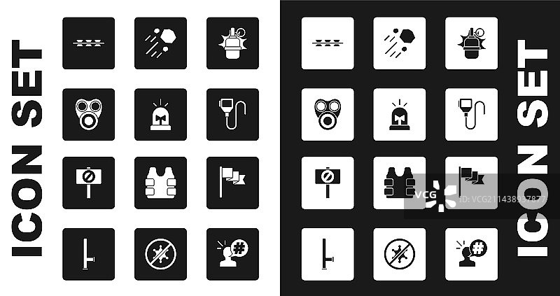 手榴弹、闪光弹、警报器、防毒面具和铁丝网素材图片素材