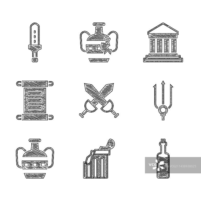 中世纪剑与断裂的古代石柱交叉组合素材图片素材