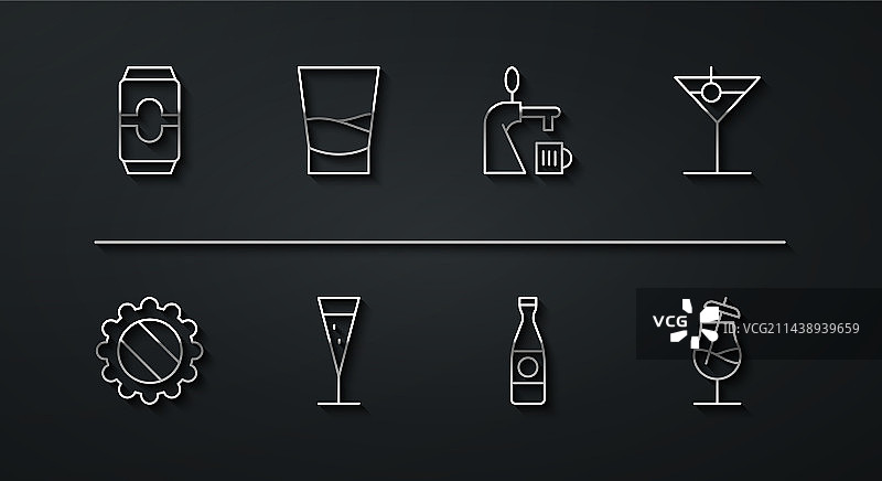 啤酒罐、瓶盖、马提尼酒杯线条图片素材