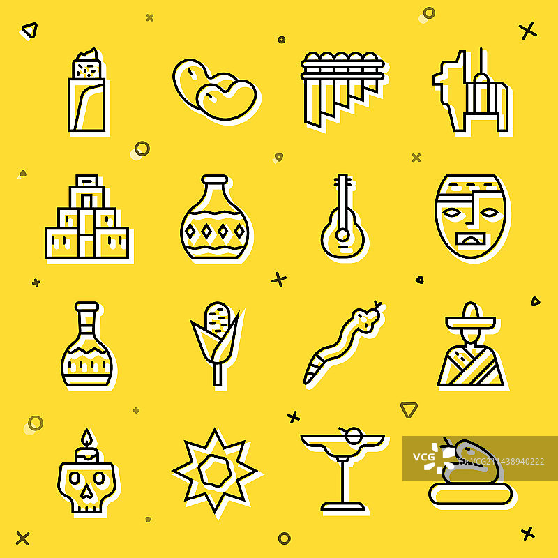 蛇墨西哥男人帽子与阿兹特克面具线性组合图片素材