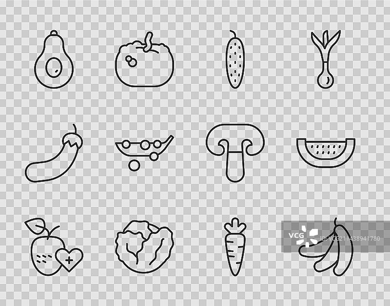 健康水果、香蕉、黄瓜、卷心菜线条组合图片素材