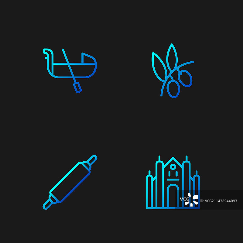 米兰大教堂、擀面杖和平底船设置线性图标图片素材